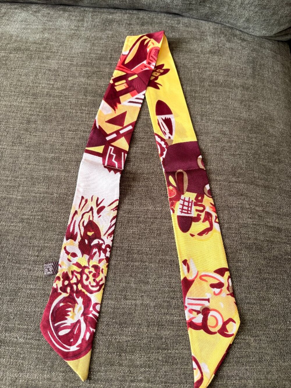 Hermès Yellow Burgundy Silk Twilly Scarf 100% Silk Made in France